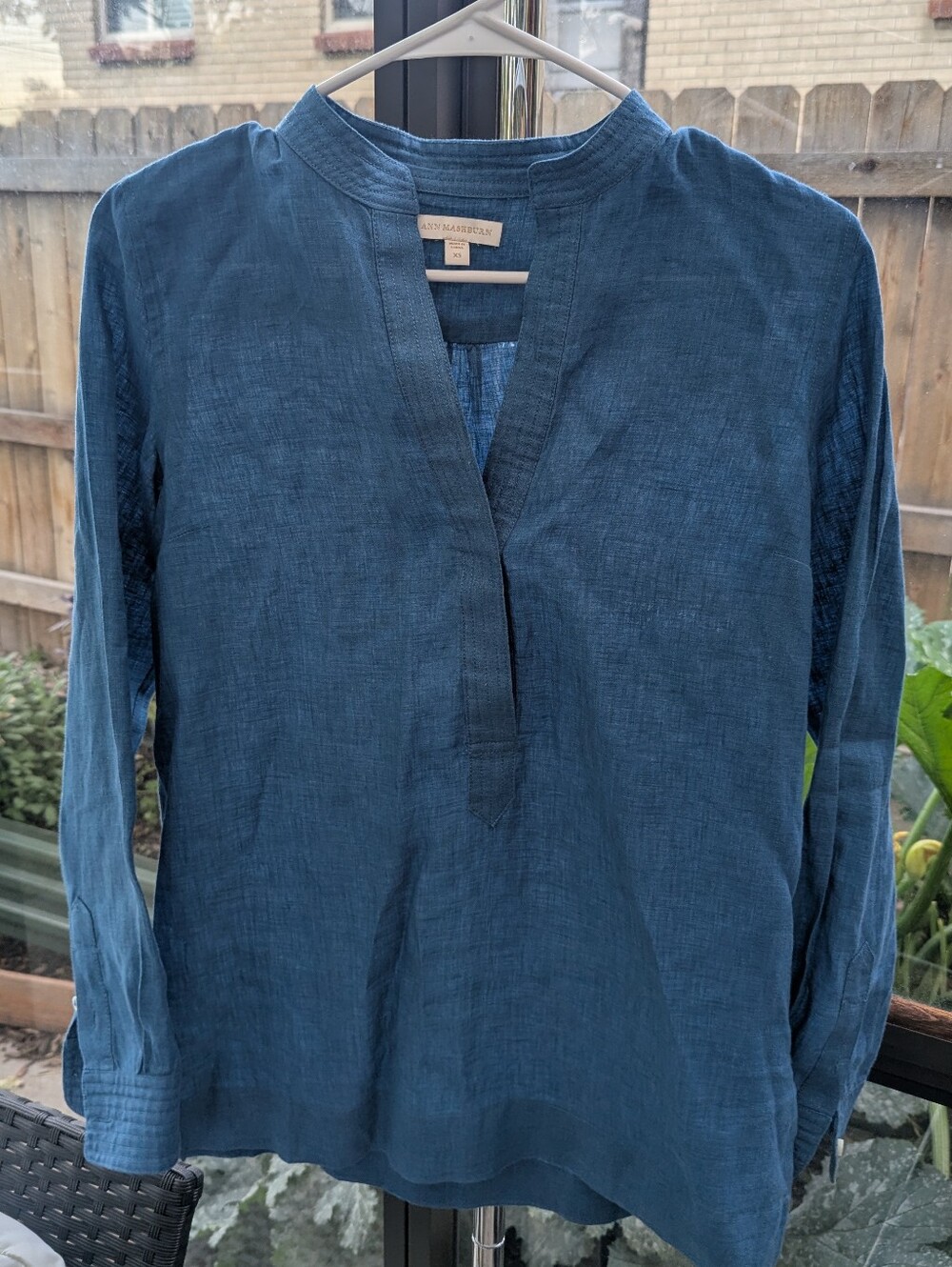ANN MASHBURN Indigo Blue Linen Casual Button-Down Shirt